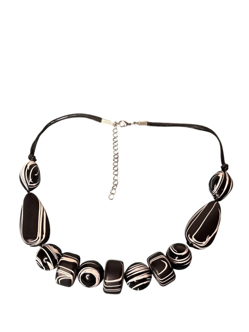 Black and White Abstract Plastic Beaded Necklace Black Cords 18 - 21 inches Long